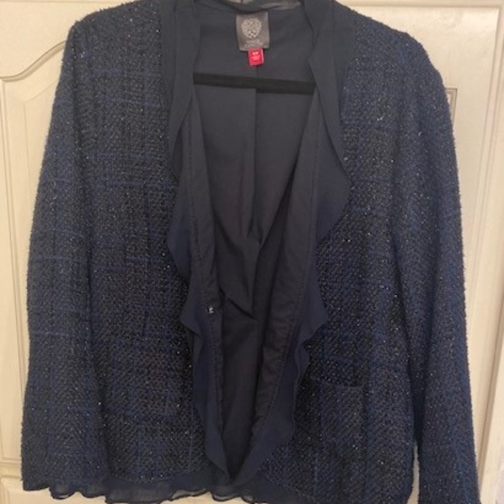 Navy Tweed Jacket with Sheer Ruffle Trim